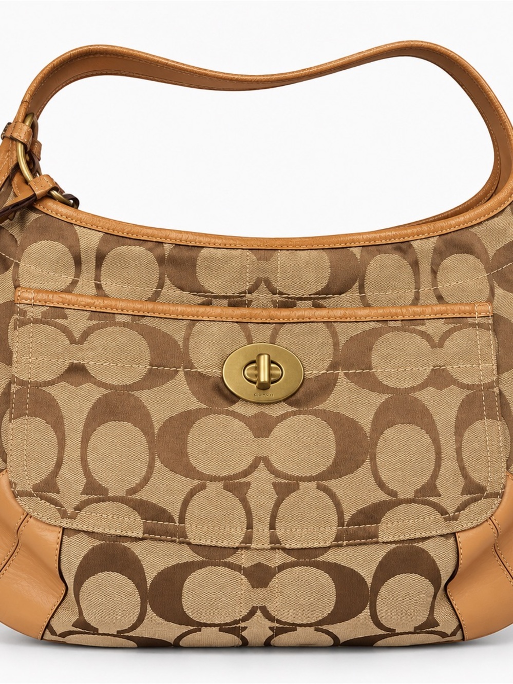 Coach Brown Tan Signature Canvas Turnlock Shoulder Bag